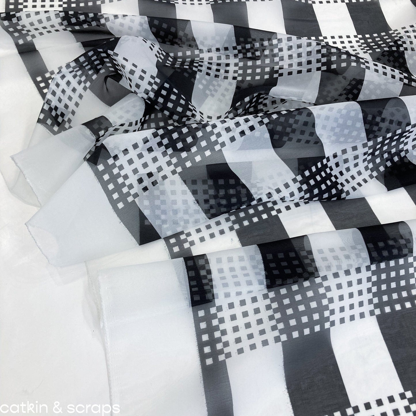 Designer Deadstock: Organza with Black and White Geometric Design