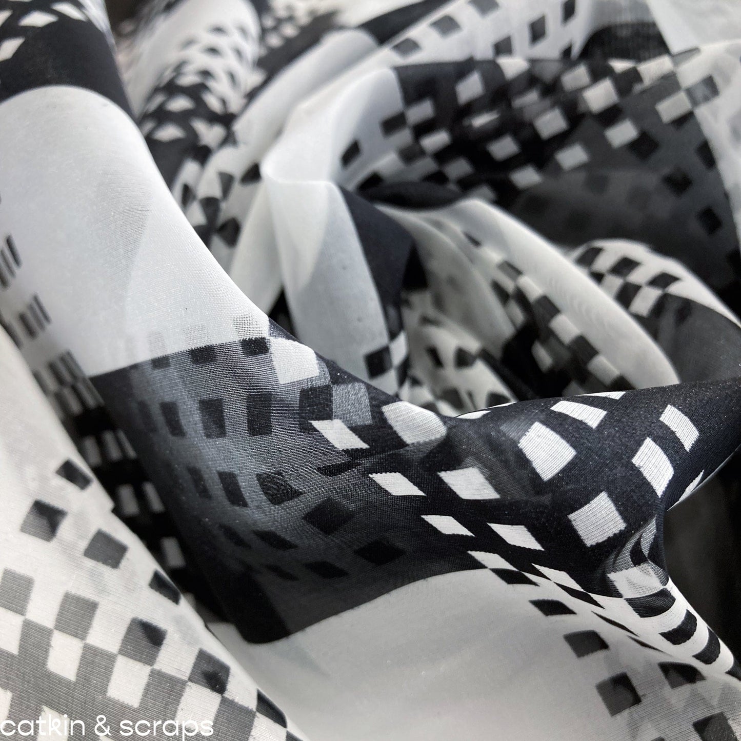 Designer Deadstock: Organza with Black and White Geometric Design