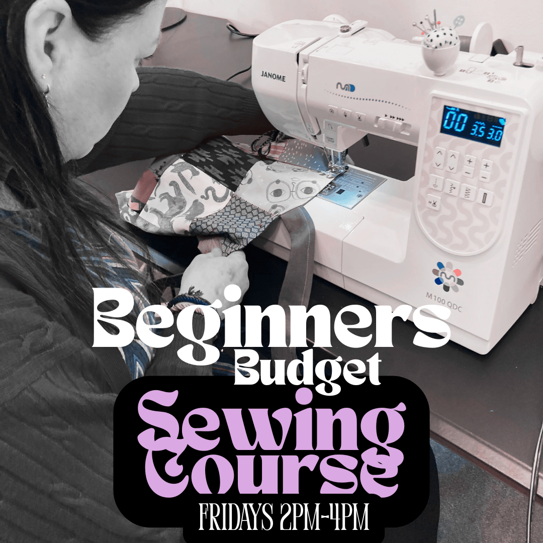 Person using a sewing machine with text overlay for a beginners budget sewing course.