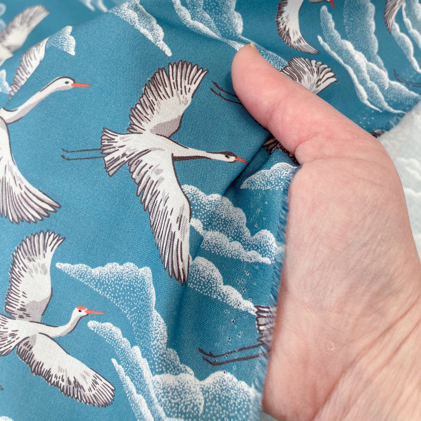 Cloud 9 Organic 'Baltic Woodland' Quilting Cotton 'Flying Cranes'