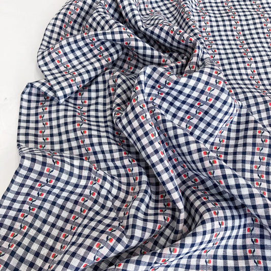 Cotton Gingham Jacquard in Navy and White 4mm Check with Floral Trail