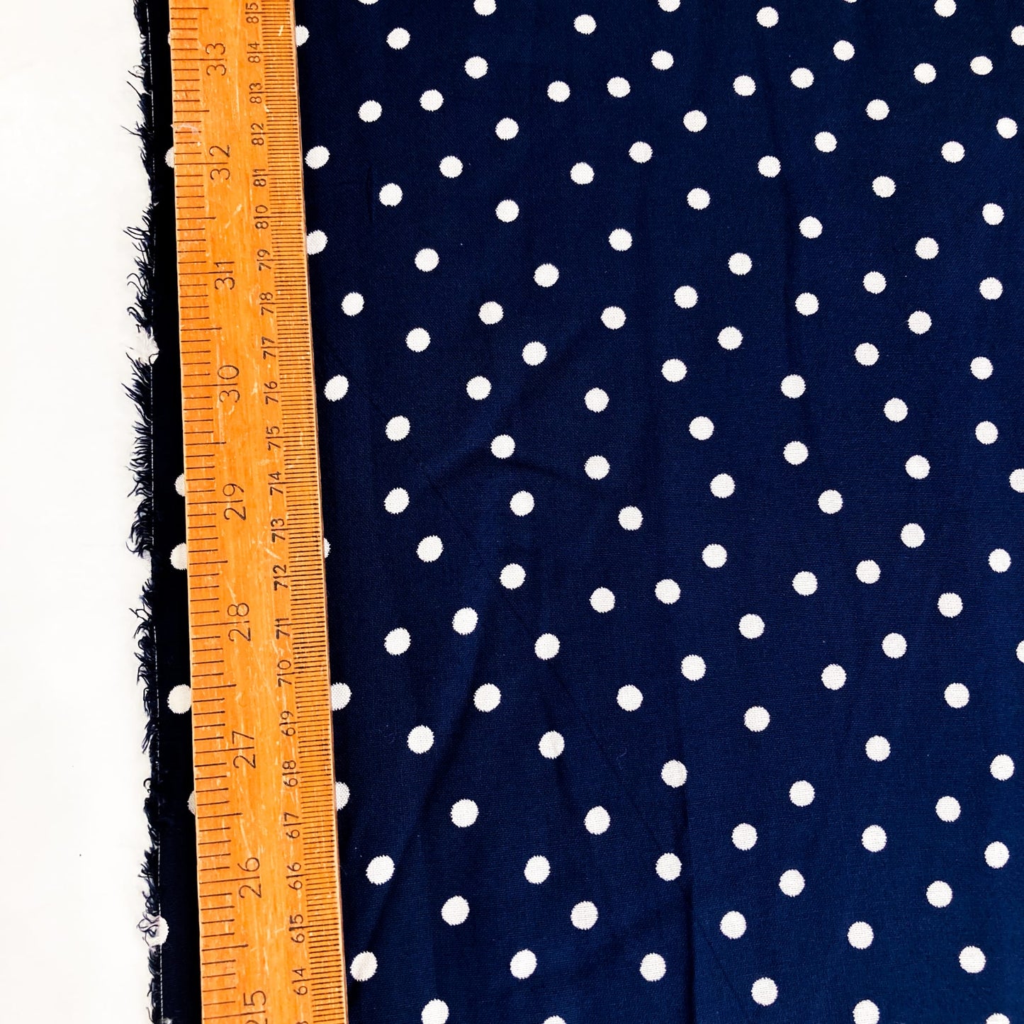 Deadstock Viscose Navy and White Polka Dot