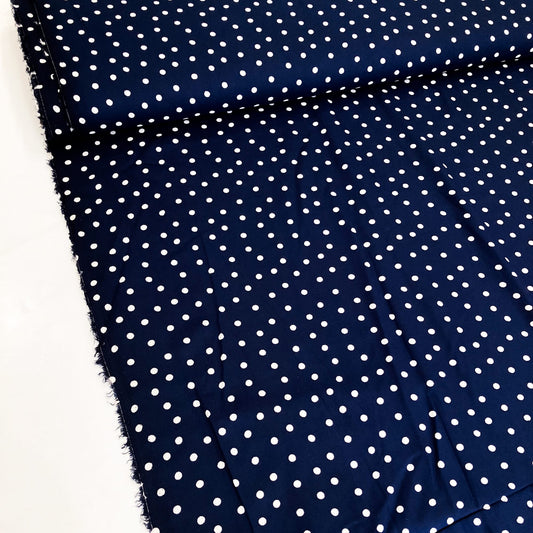 Deadstock Viscose Navy and White Polka Dot