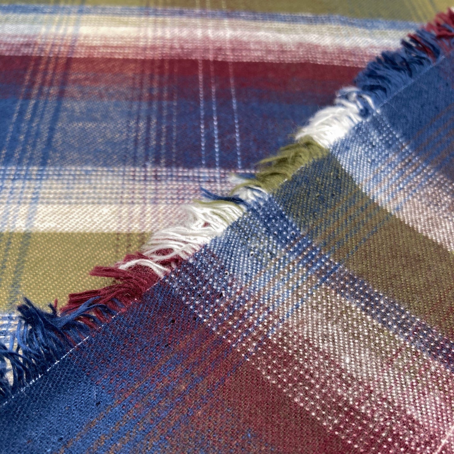 Close-up of back and front of plaid flannel in red, blue, green, and white.