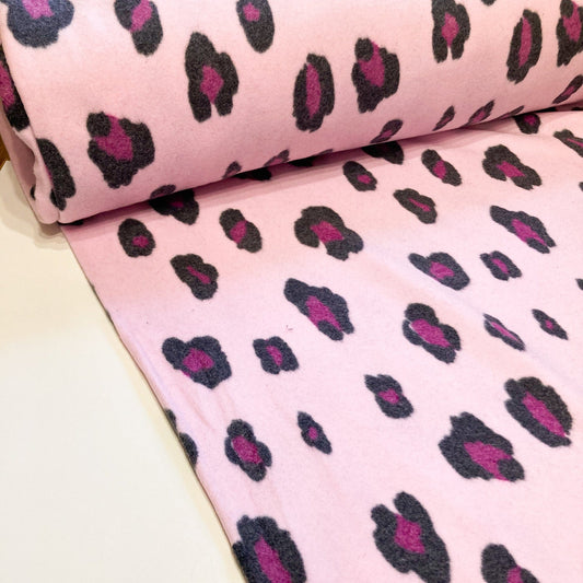 Organic Cotton Fleece with Snow Leopard Print in Pink