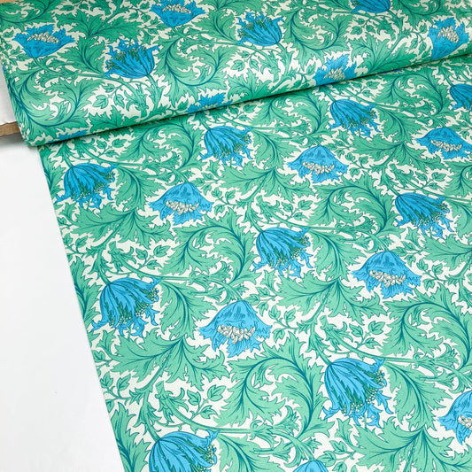 Cotton fabric with William Morris Style floral print in green and blue