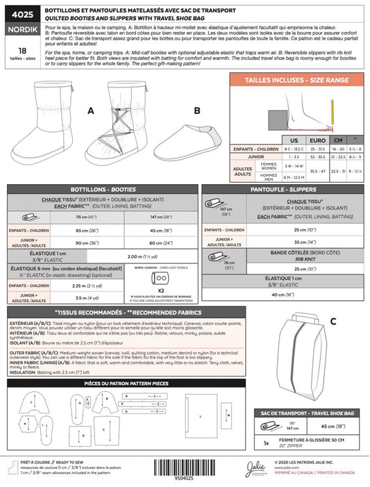 Jalie Paper Sewing Pattern: Nordik Quilted Booties, Slippers & Shoe Bag