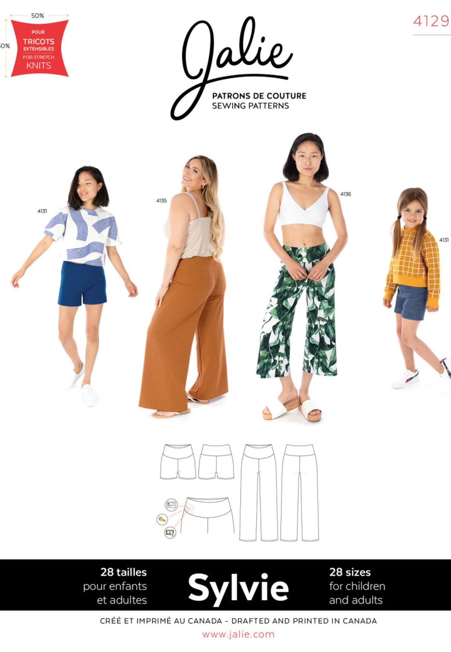Jalie Paper Sewing Pattern: 4129 Sylvie Knit Shorts and Wide-Leg Pants Children 2-13 AND Women 4-24
