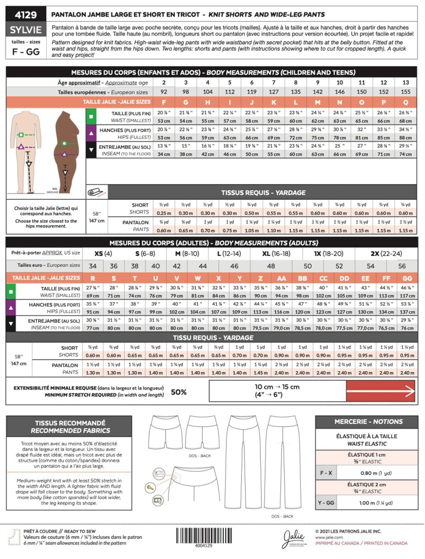 Jalie Paper Sewing Pattern: 4129 Sylvie Knit Shorts and Wide-Leg Pants Children 2-13 AND Women 4-24