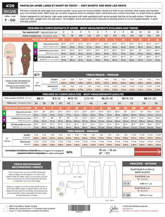 Jalie Paper Sewing Pattern: 4129 Sylvie Knit Shorts and Wide-Leg Pants Children 2-13 AND Women 4-24
