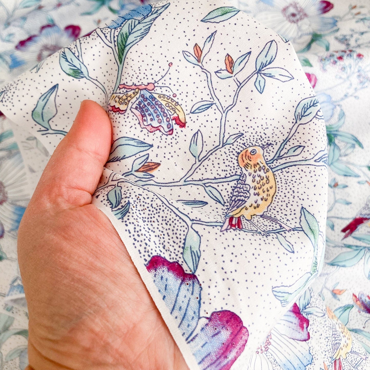 Cotton Fabric with Birds and Flower Print