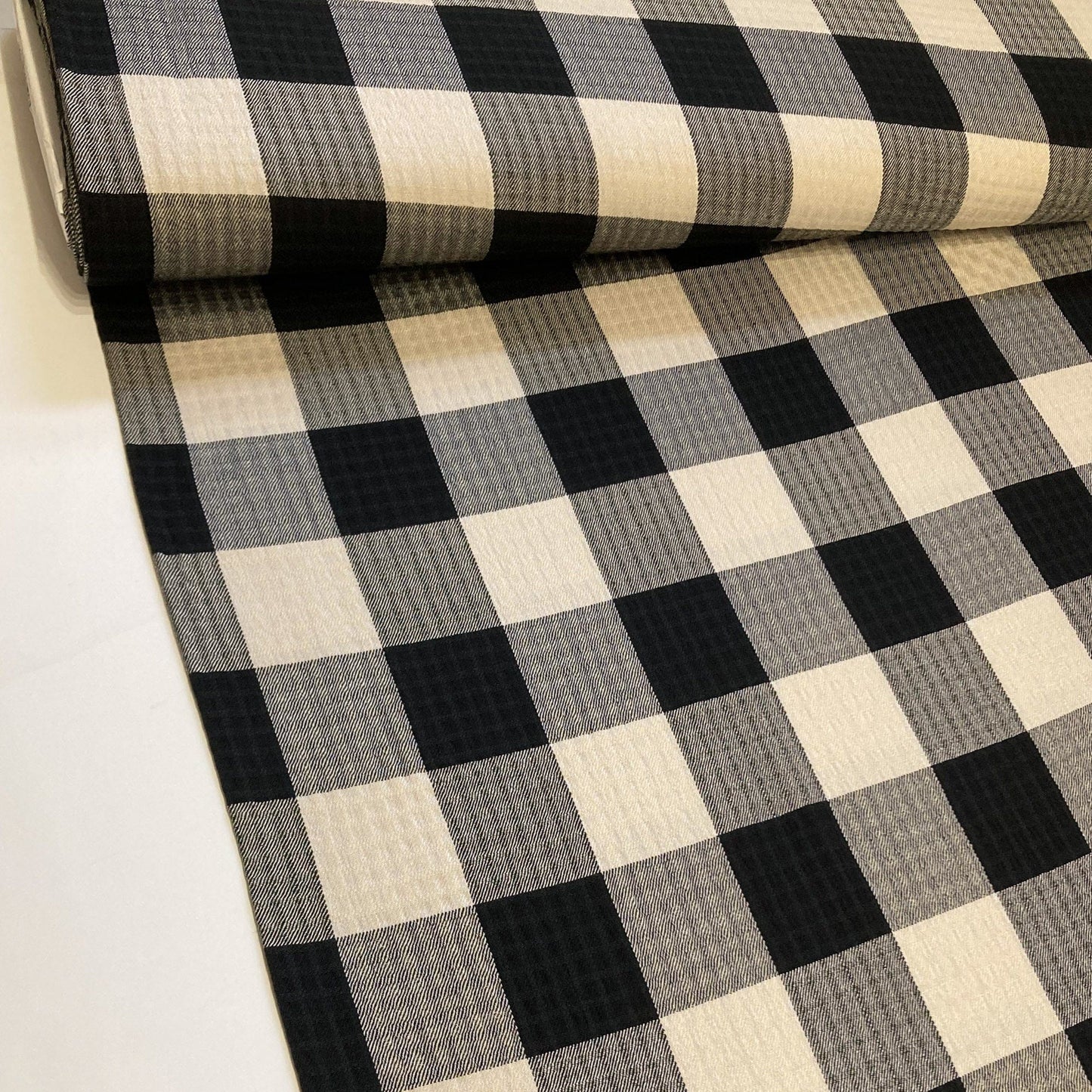 Soft Textured Viscose Stretch Two-Tone Check in Black and Ecru