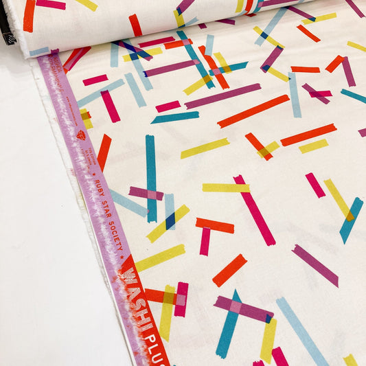 Cream cotton & linen canvas fabric with washi tape print in bright colours.