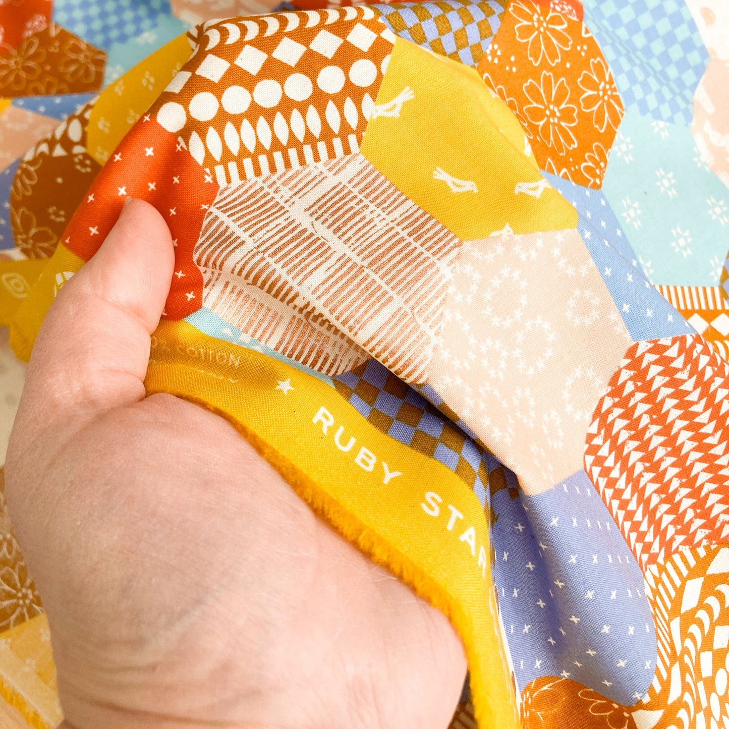 Ruby Star Society 'Honey' Quilting Cotton: 'Hexie Cheater' in Dusk