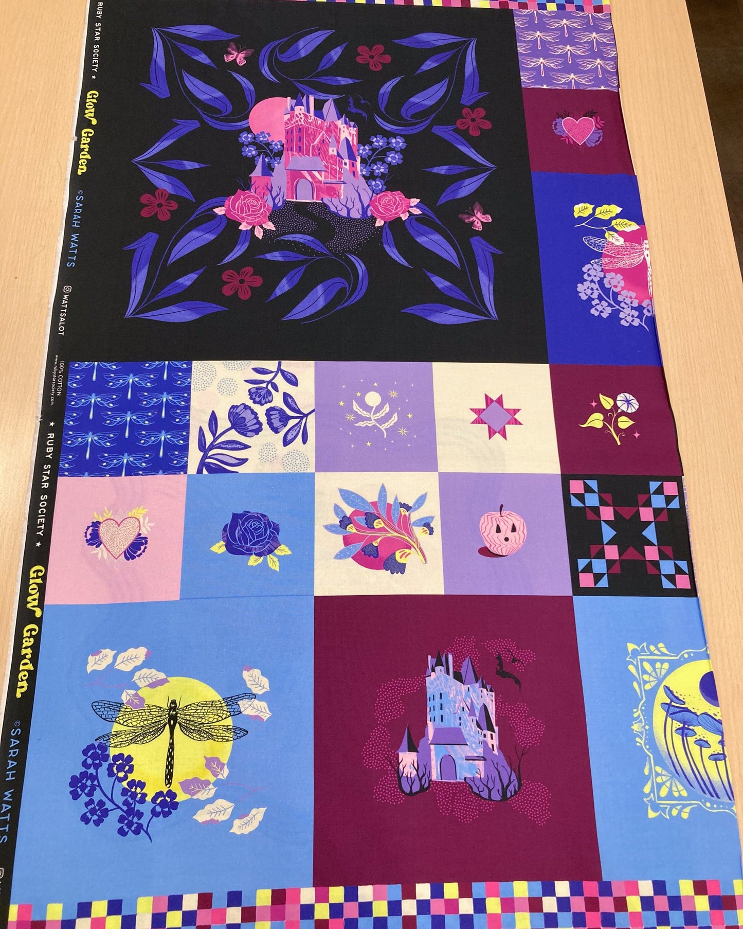 Colorful fabric panel with castle and floral designs from 'Glow Garden' by Riuby Star Society.