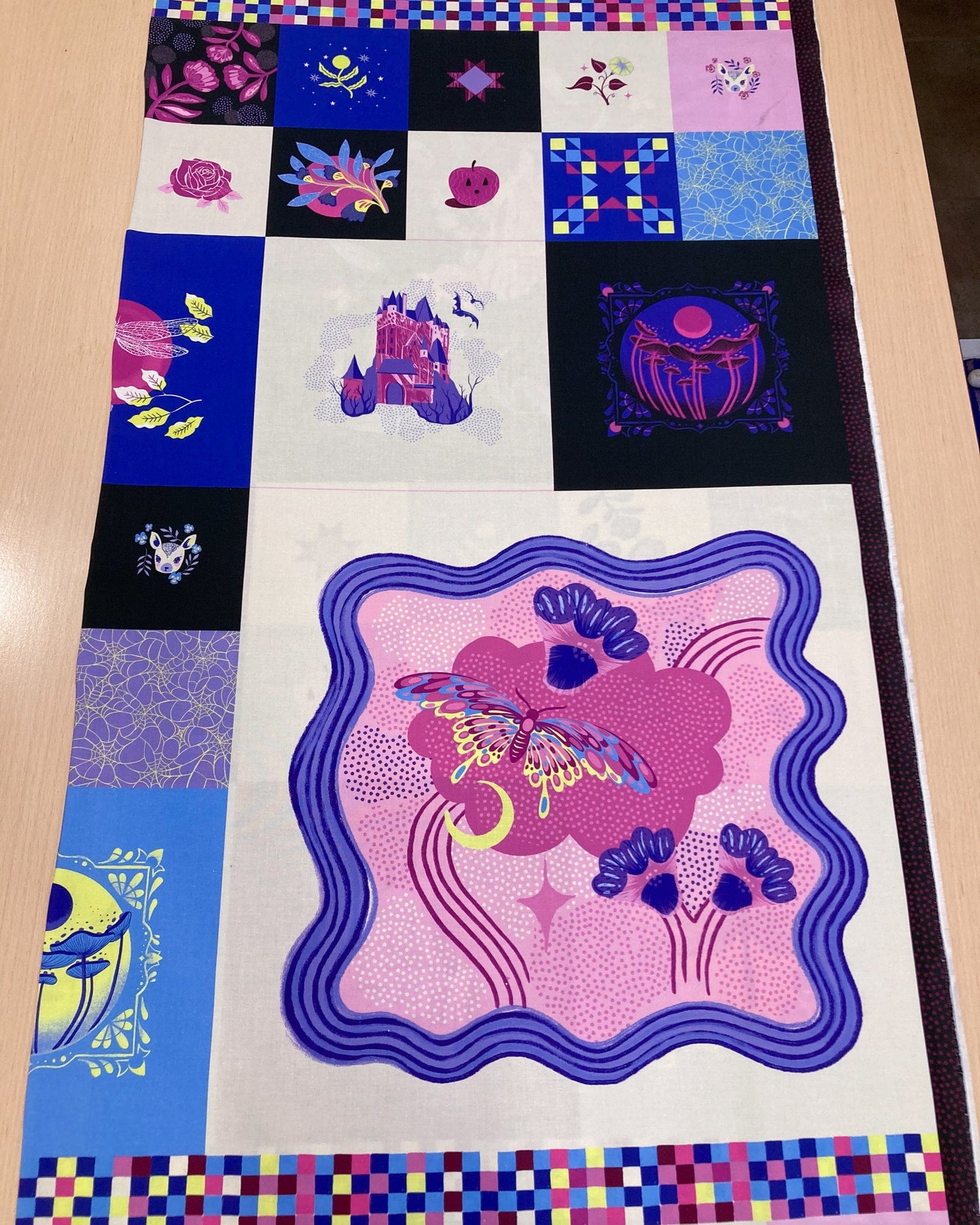 Colorful quilting panel with various patterns and designs from Ruby Star Society 'Glow Garden'