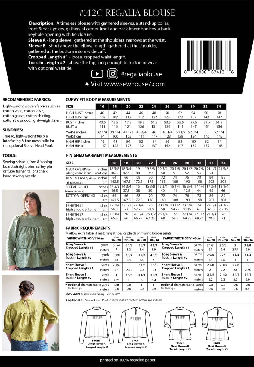 Sew House Seven: Regalia Blouse UK 4-24 OR 20-38