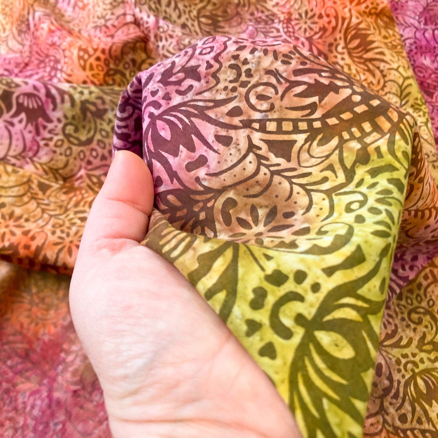 Cotton Batik with Coral and Green Floral Design