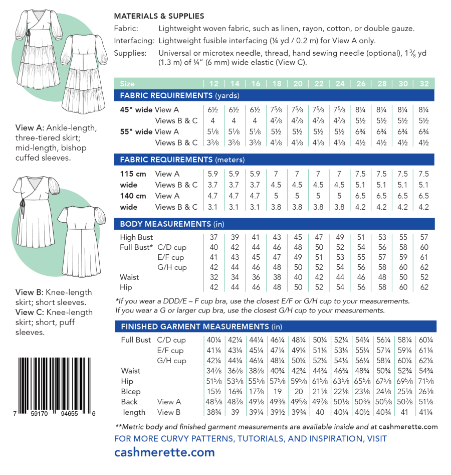 Cashmerette: Roseclair Dress in UK Size 16-36 OR 4-20