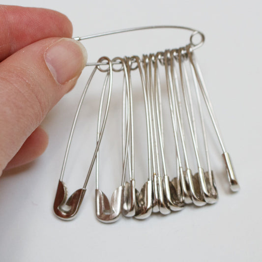 A bunch of 12 safety pins - 50mm, nickel