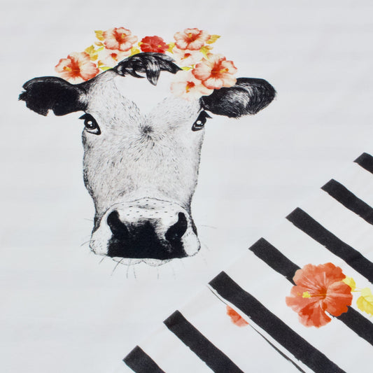 Cotton Jersey with Cow Panel Print and Black and White Stripes