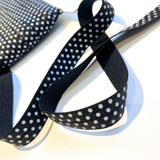 16 mm Foldover Elastic in Black with White Polka Dots
