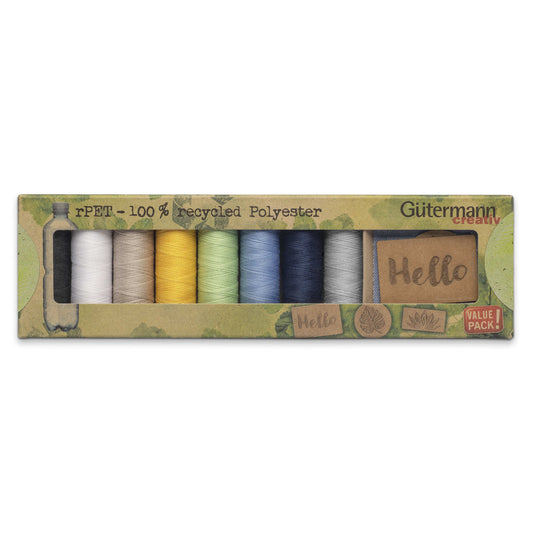 8 x 100 m Reels Gütermann Recycled Sew-All Thread Plus 3 Vegan Jeans Labels