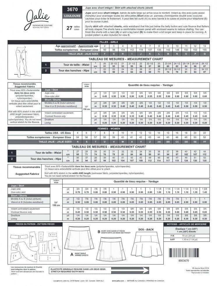 Jalie Paper Sewing Pattern: 3670 Loulouxe Skort