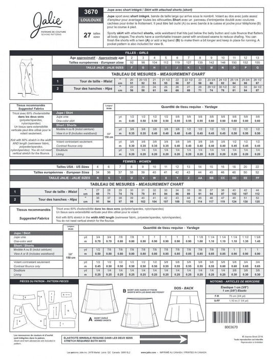 Jalie Paper Sewing Pattern: 3670 Loulouxe Skort