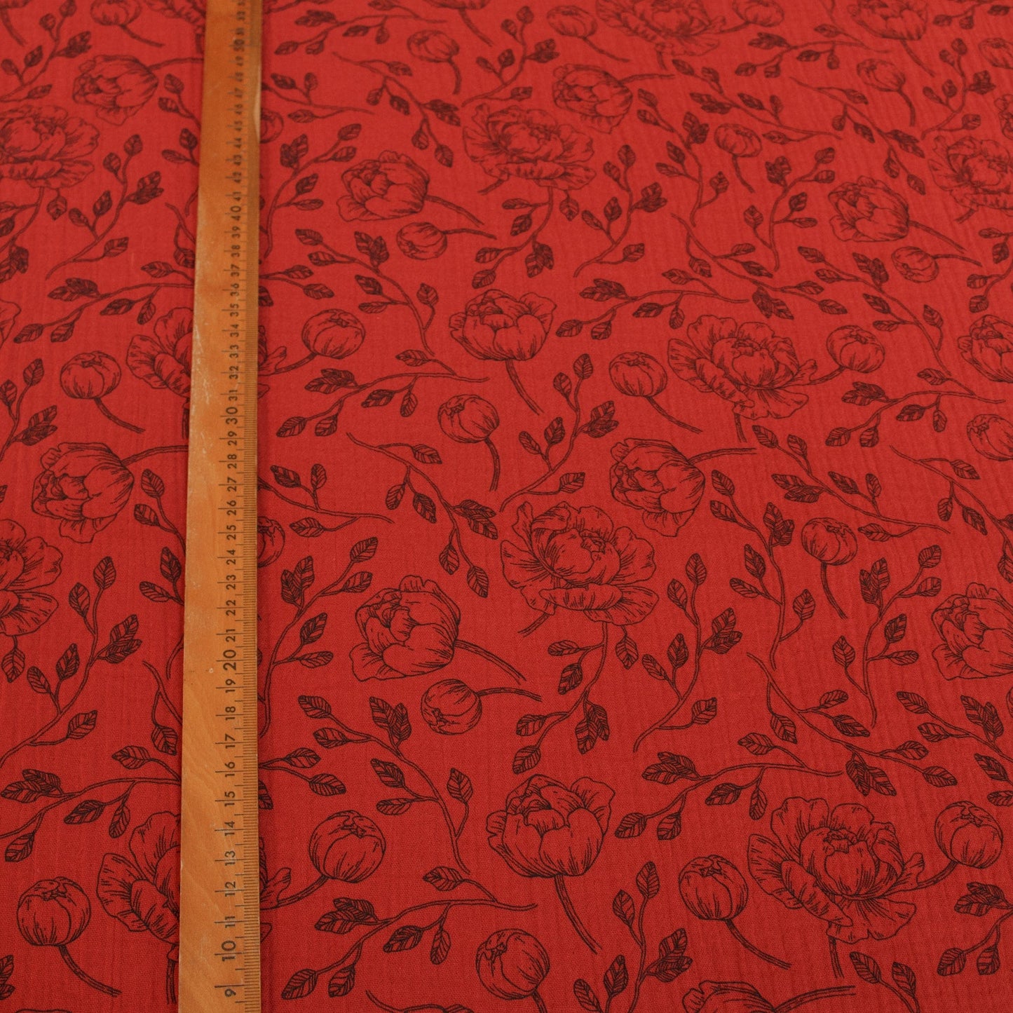 Cotton Double Gauze in Red with Rose Print