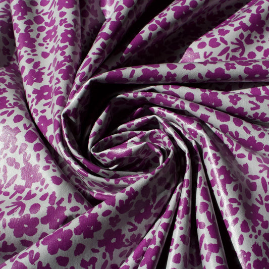 Cotton Jersey PU Coated Fabric with Floral Print in Purple on Grey