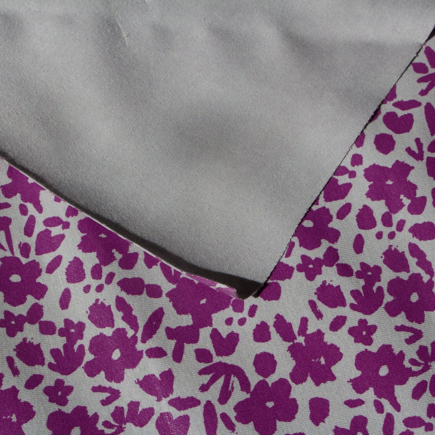 Cotton Jersey PU Coated Fabric with Floral Print in Purple on Grey