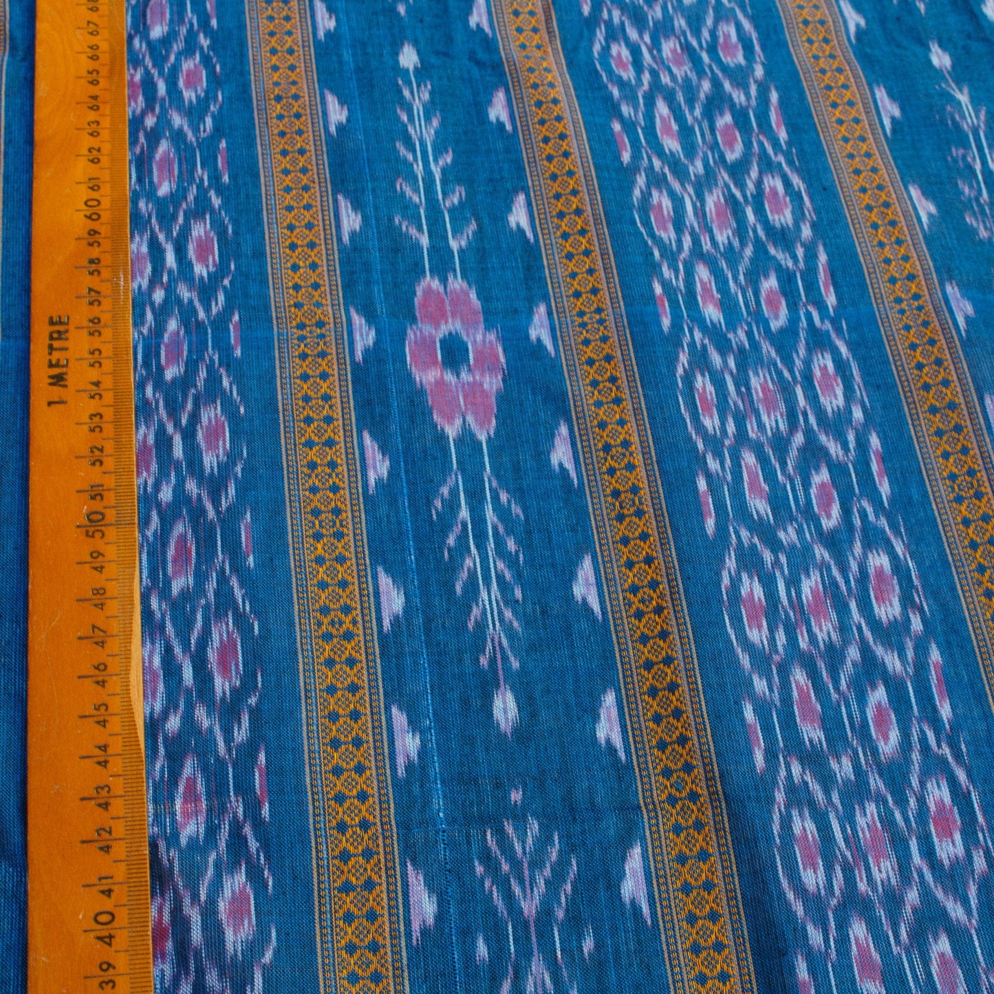 Sambalpuri Ikat Cotton Fabric - Blue with Floral Stripe