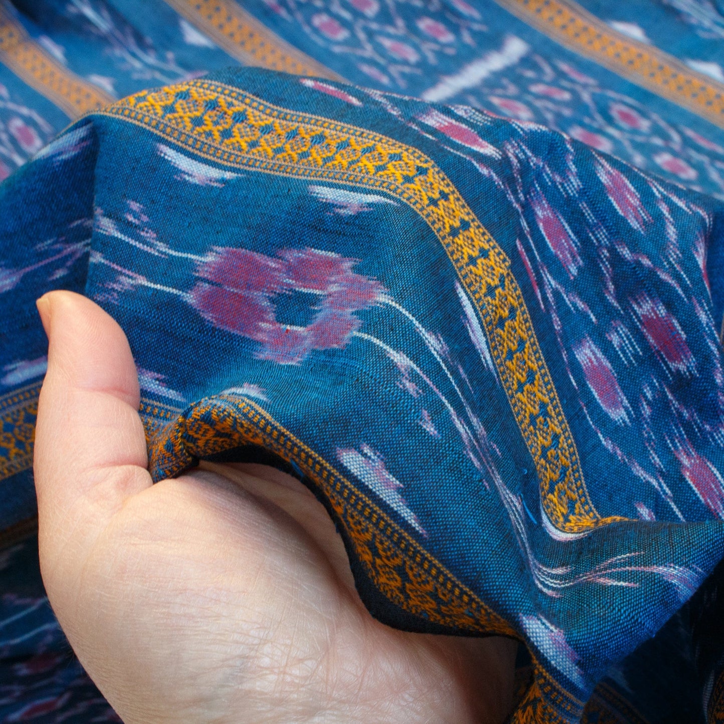 Sambalpuri Ikat Cotton Fabric - Blue with Floral Stripe