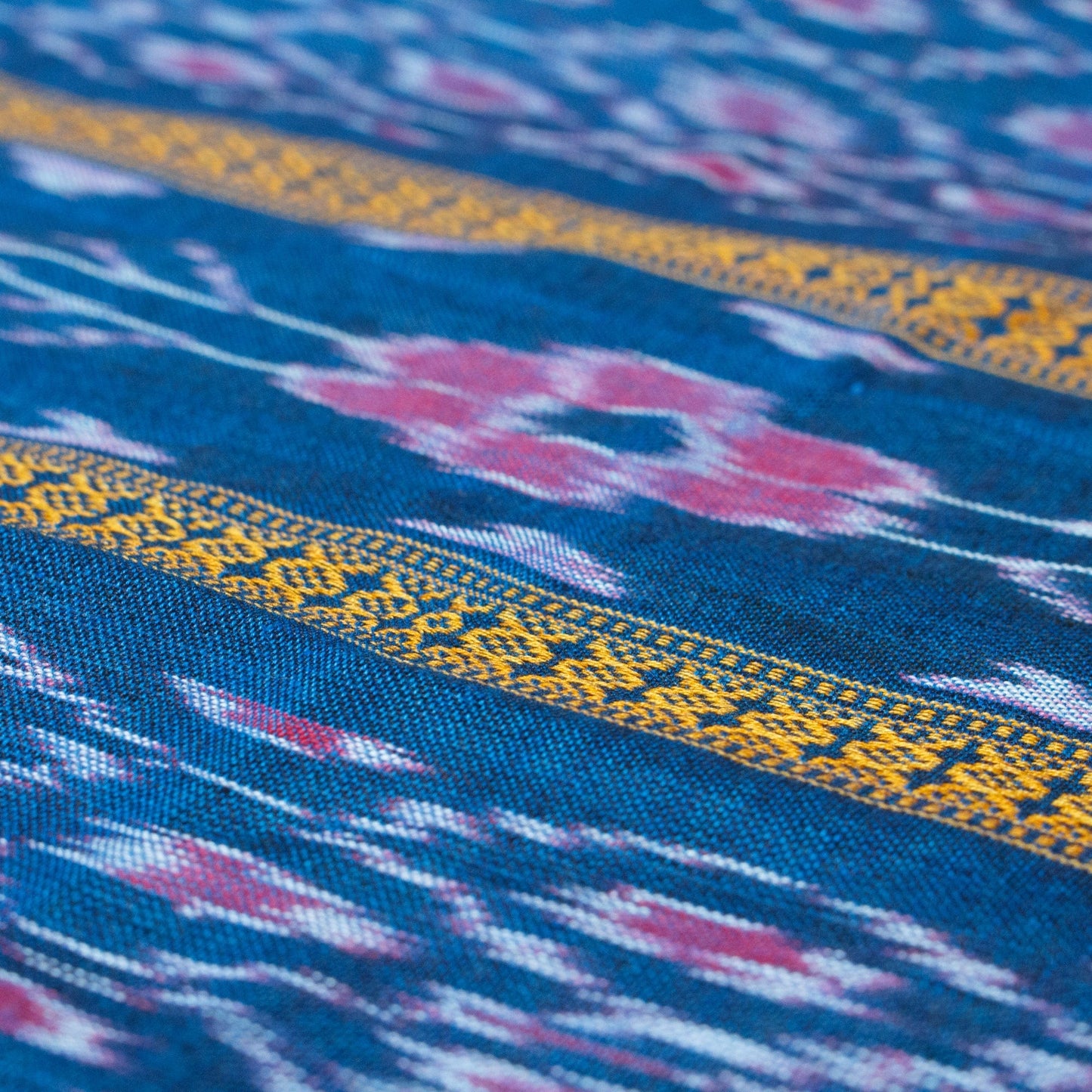 Sambalpuri Ikat Cotton Fabric - Blue with Floral Stripe