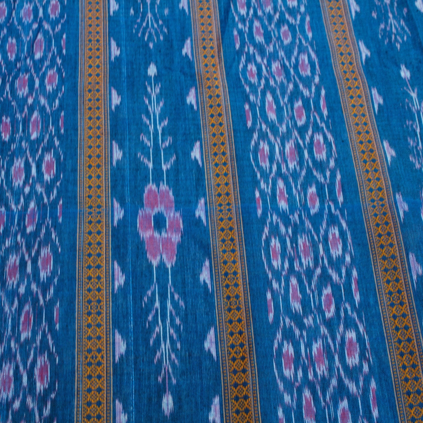 Sambalpuri Ikat Cotton Fabric - Blue with Floral Stripe