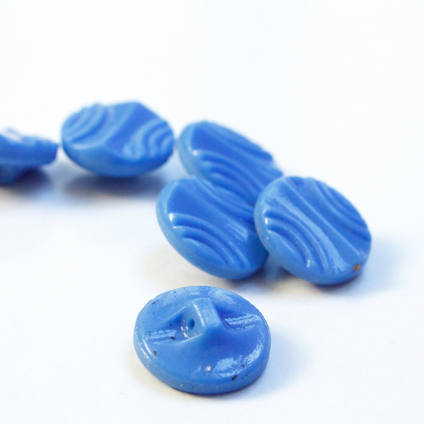6 Vintage Glass Art Deco Buttons with Shank in Blue - 14mm