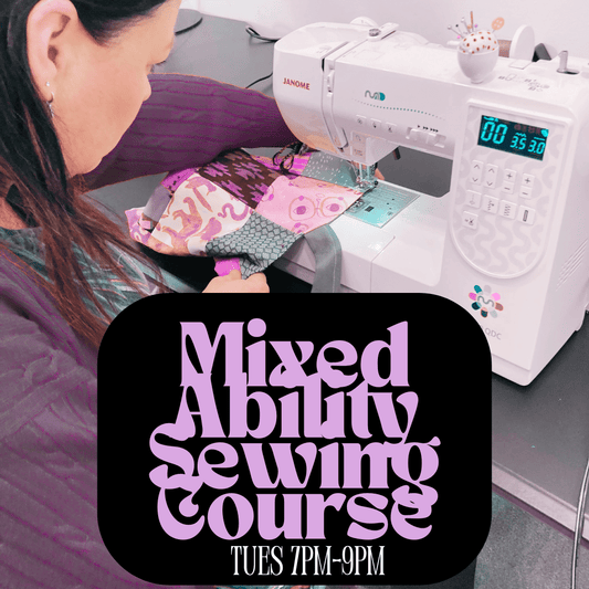 A white woman at the sewing machine, making a patchwork bag. There's text that says 'mixed ability sewing course, Saturdays 4pm-6pm.