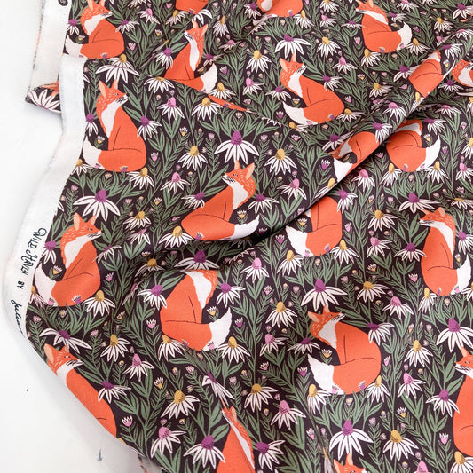 Organic quilting cotton with fox and floral pattern.