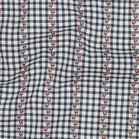 Cotton Gingham Jacquard in Navy and White 4mm Check with Floral Trail