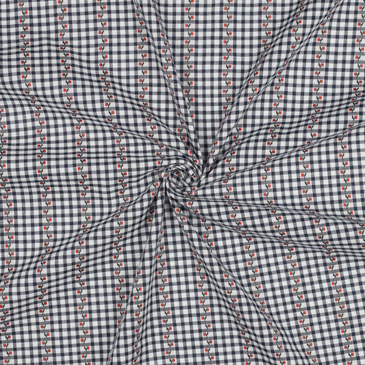 Cotton Gingham Jacquard in Navy and White 4mm Check with Floral Trail