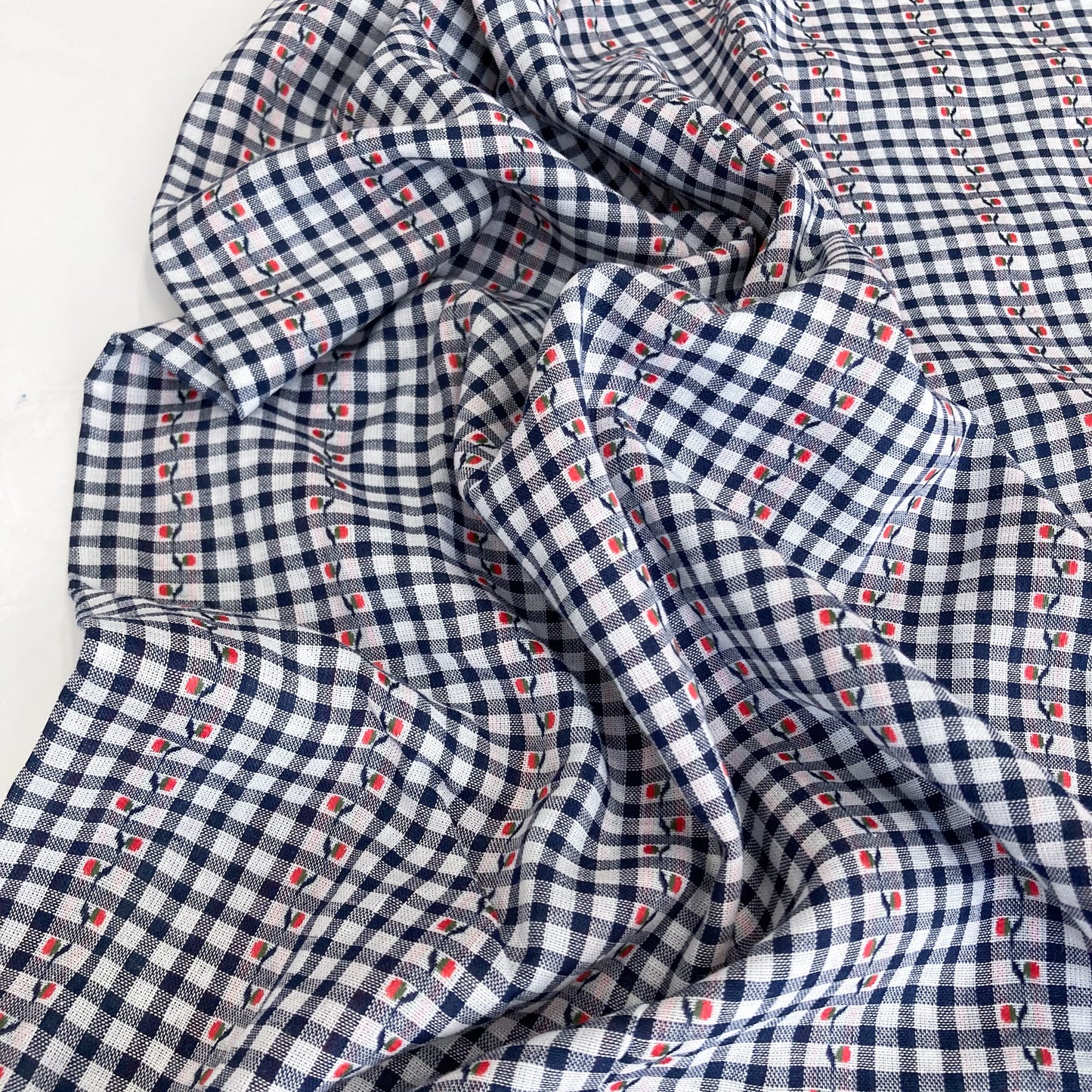 Cotton Gingham Jacquard in Navy and White 4mm Check with Floral Trail