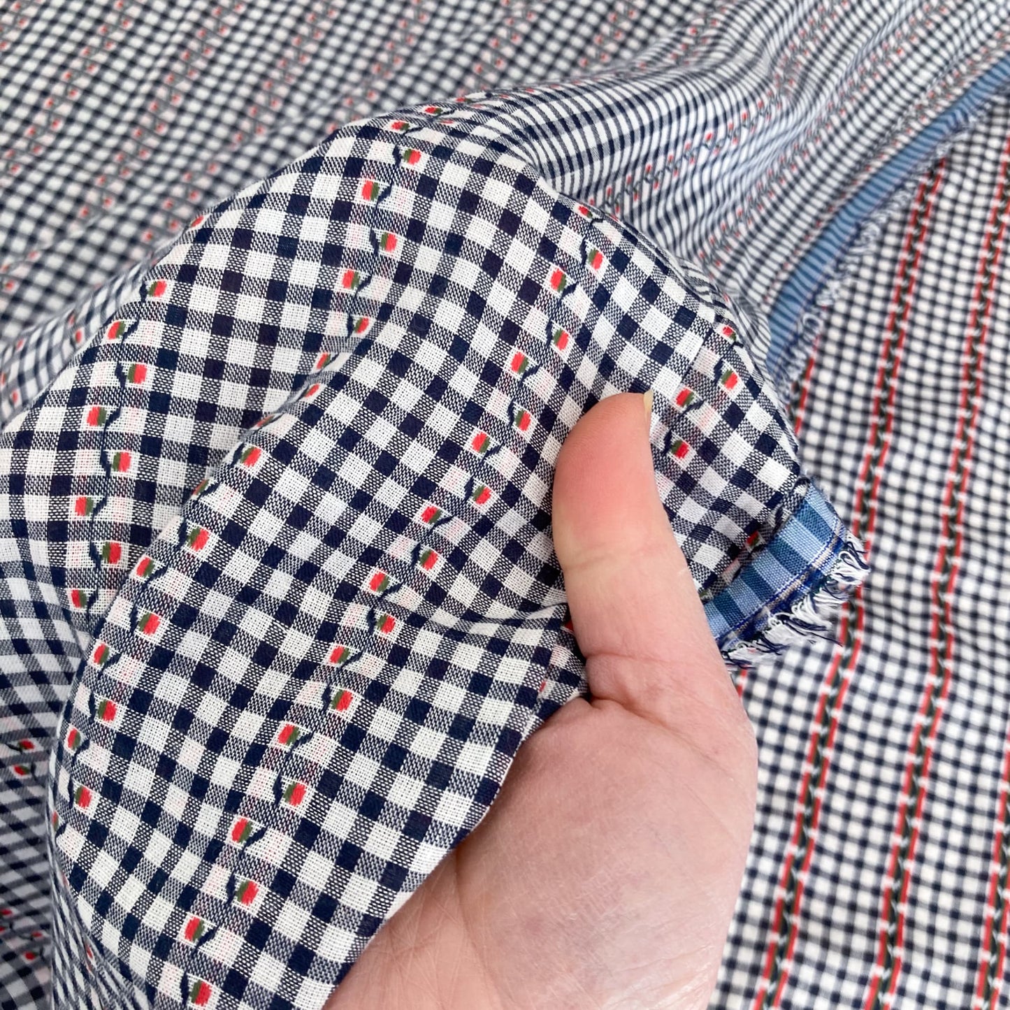 Cotton Gingham Jacquard in Navy and White 4mm Check with Floral Trail