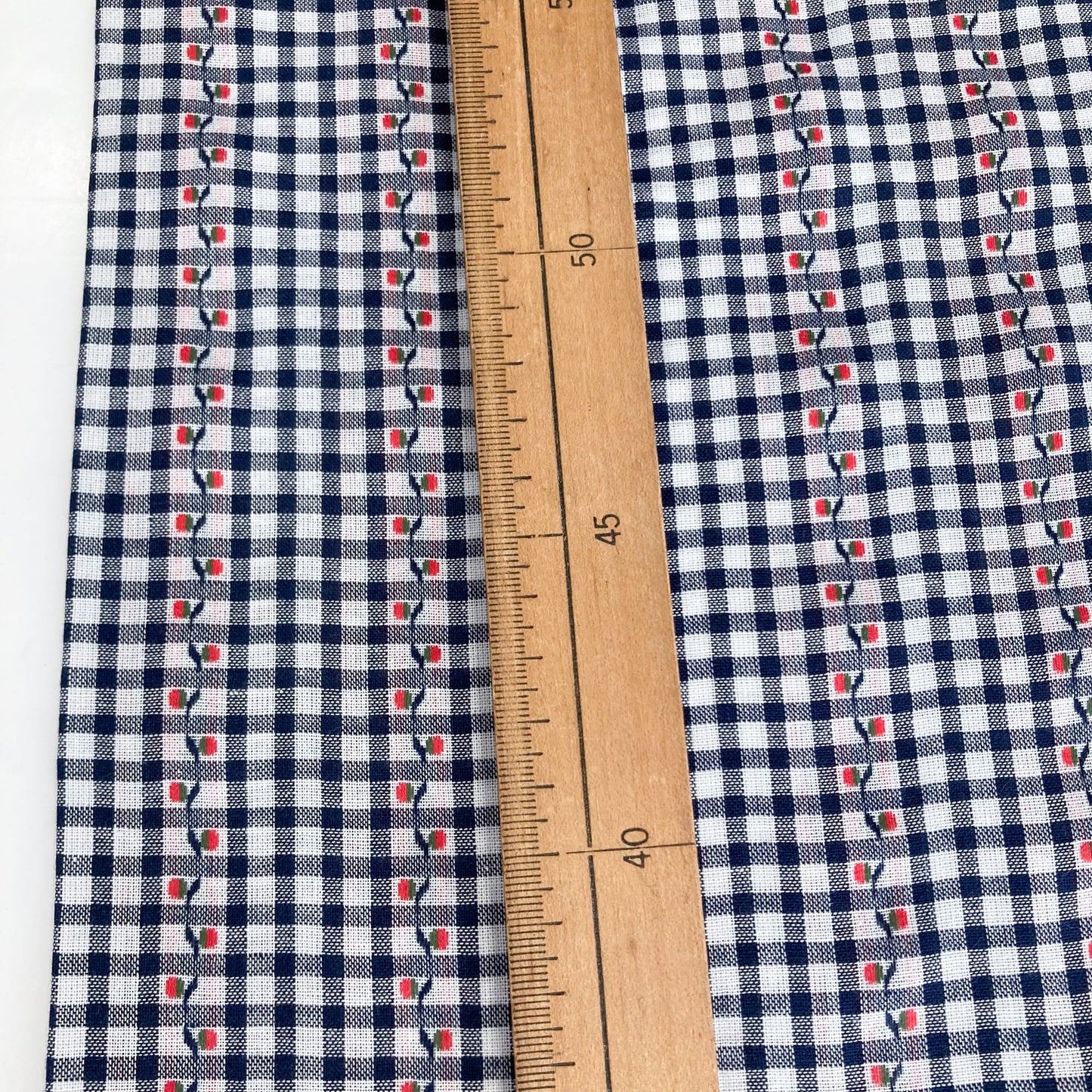 Cotton Gingham Jacquard in Navy and White 4mm Check with Floral Trail