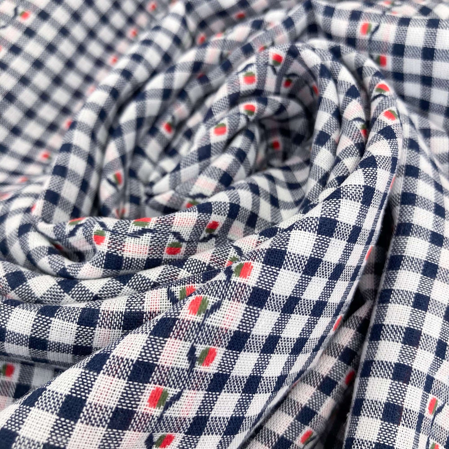 Cotton Gingham Jacquard in Navy and White 4mm Check with Floral Trail