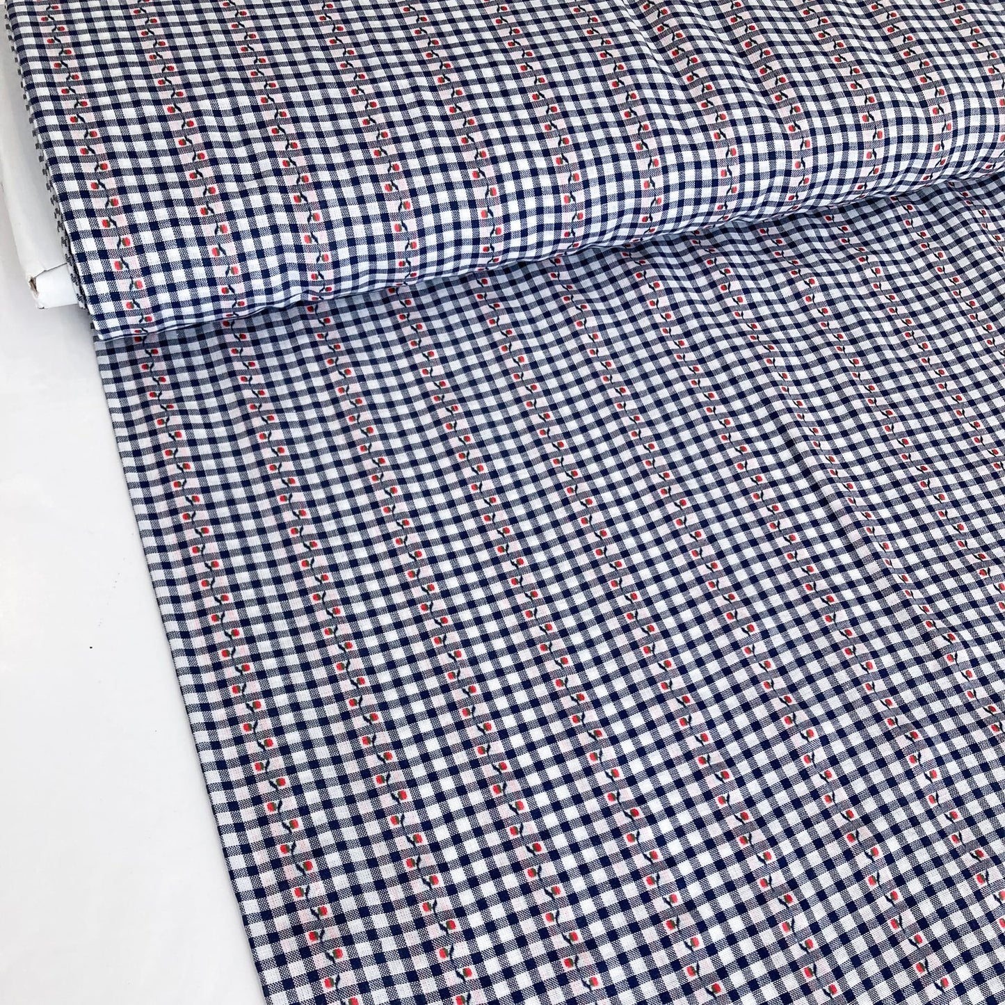 Cotton Gingham Jacquard in Navy and White 4mm Check with Floral Trail