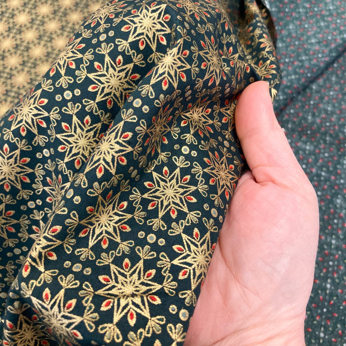 Cotton Poplin with Art Deco Stars in Bottle Green