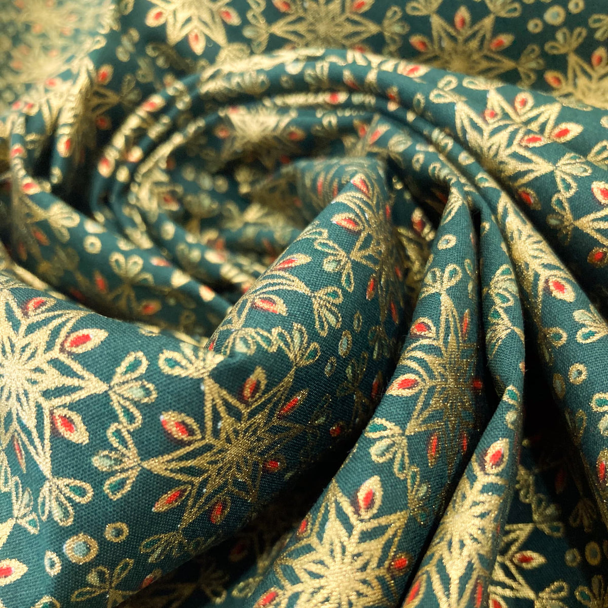 Cotton Poplin with Art Deco Stars in Bottle Green