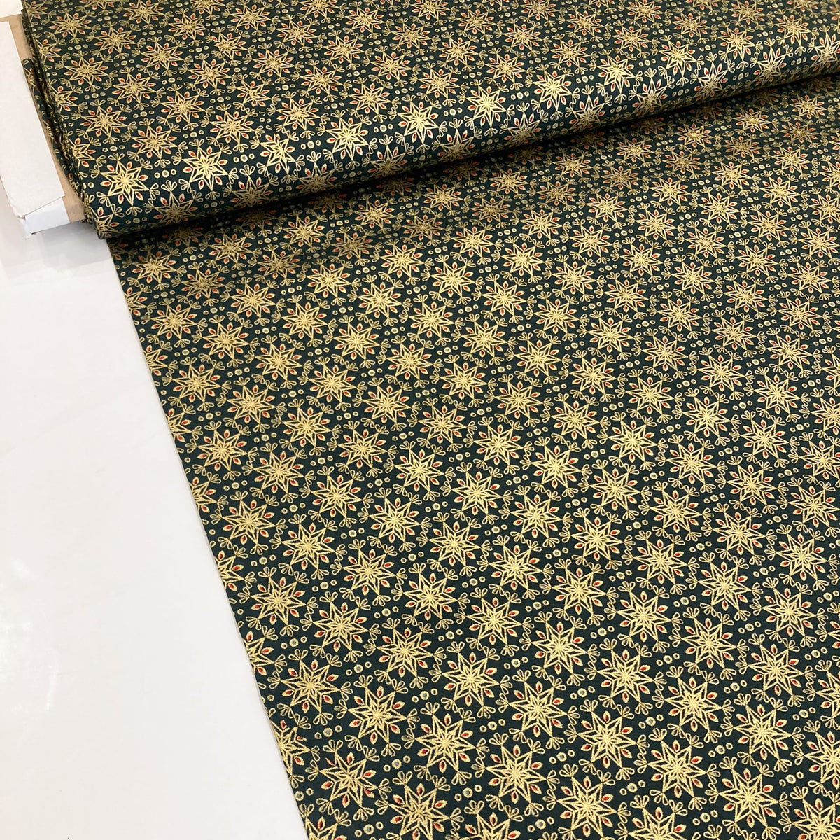 Cotton Poplin with Art Deco Stars in Bottle Green