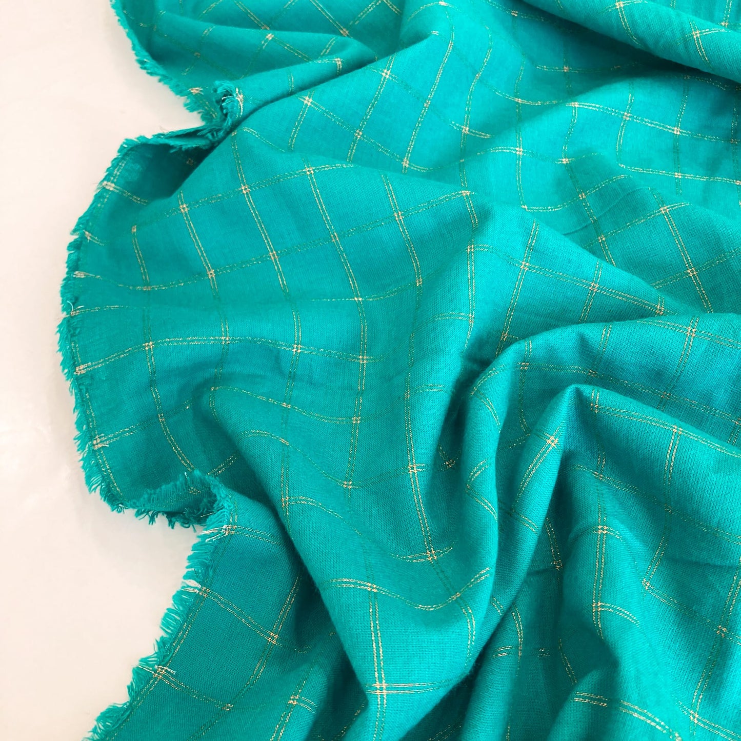 Deadstock Indian Cotton Lurex Check in Turquoise